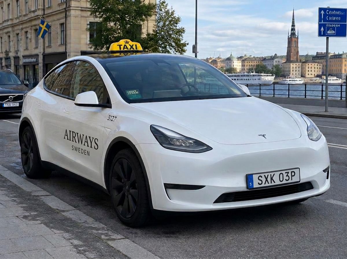 Vit Tesla-taxi i Sverige